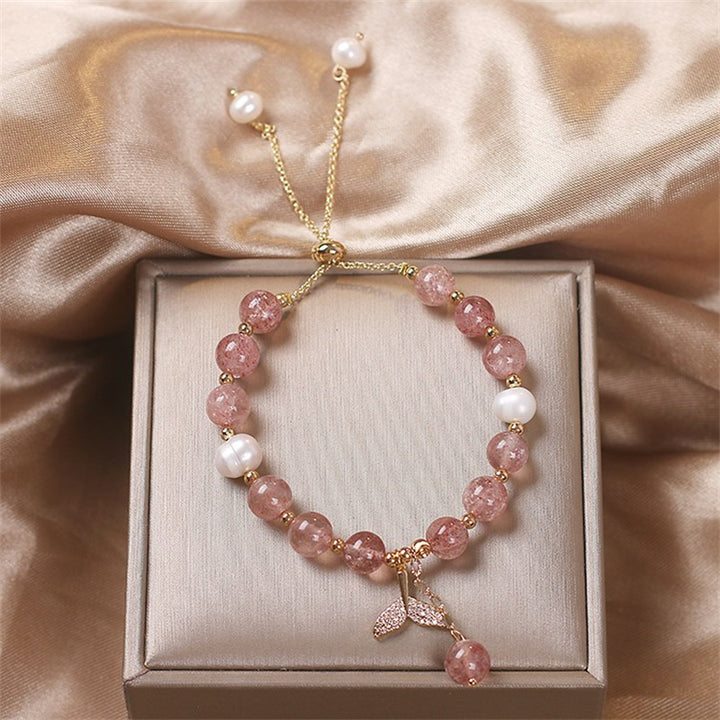 Buddha Stones Strawberry Quartz Rutilated Quartz Fishtail Charm Healing Bracelet