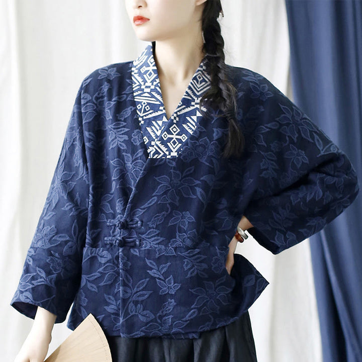 Buddha Stones Flower Jacquard V-Neck Long Sleeve Jacket