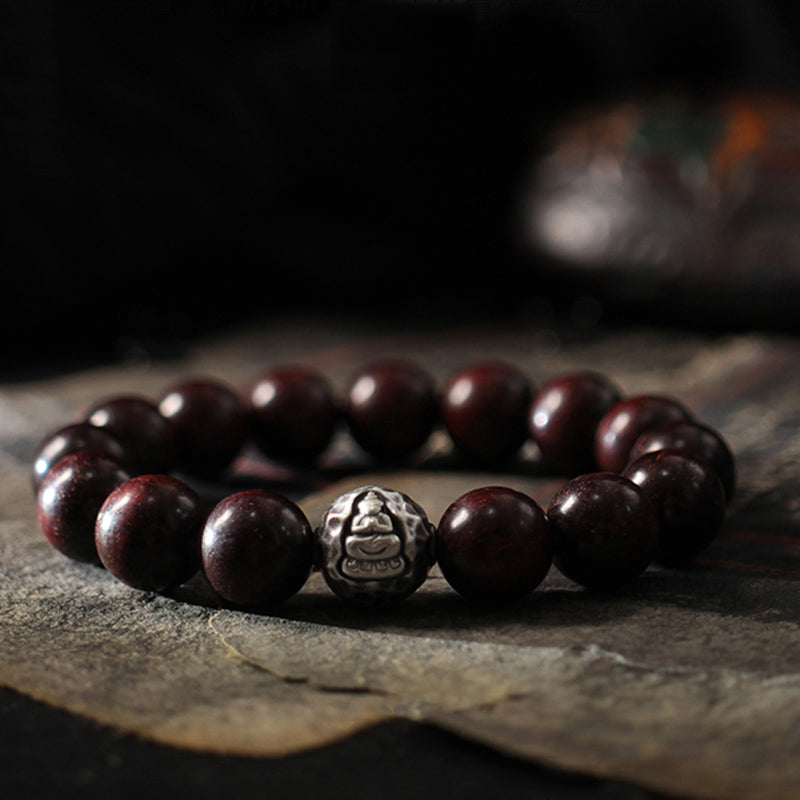 Buddha Stones 999 Sterling Silver Green Sandalwood Small Leaf Red Sandalwood Buddha Cure Bracelet - image 5