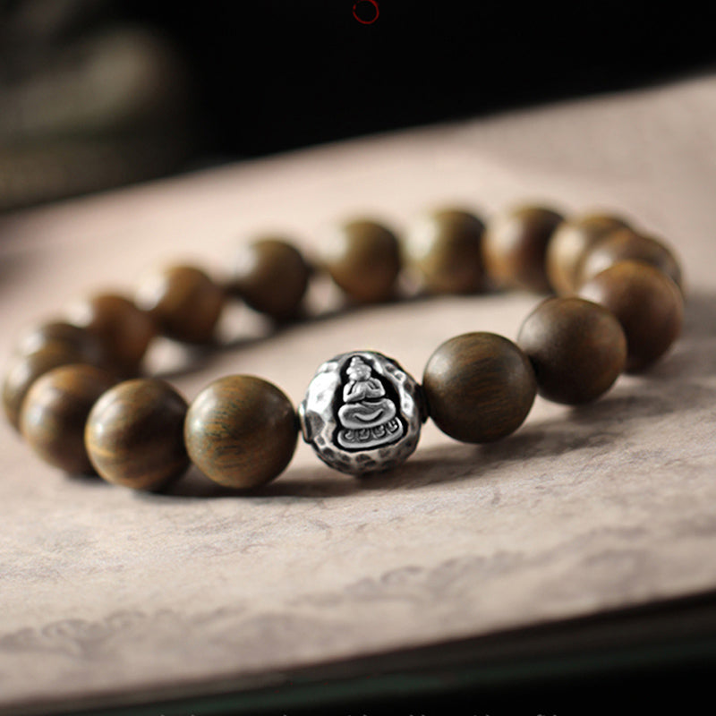 Buddha Stones 999 Sterling Silver Green Sandalwood Small Leaf Red Sandalwood Buddha Cure Bracelet - image 0