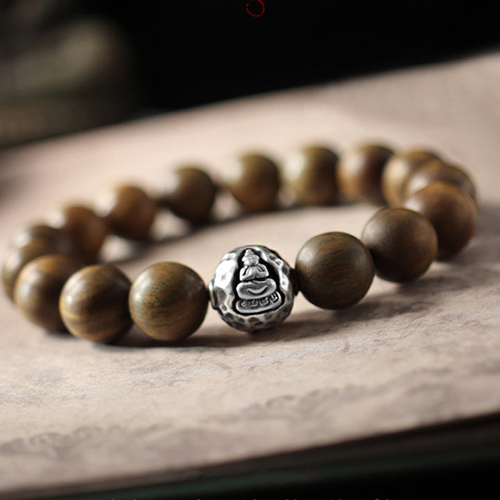 Buddha Stones 999 Sterling Silver Green Sandalwood Small Leaf Red Sandalwood Buddha Cure Bracelet - image 0