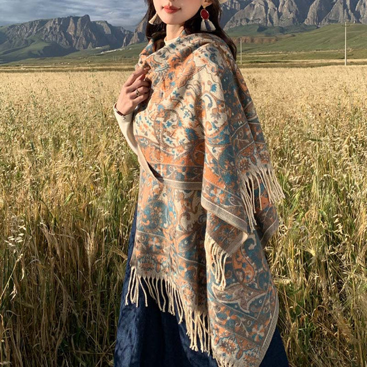 Buddha Stones Tibetan Flower Branch Tassel Shawl Cozy Travel Scarf Wrap - Beige 180*65cm - image 0