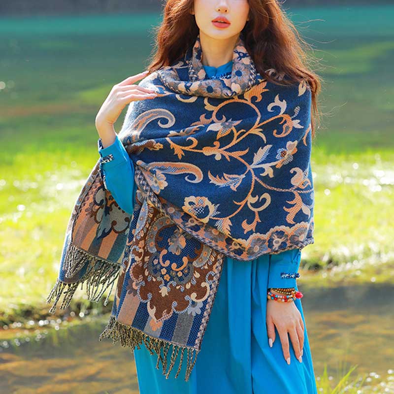 Buddha Stones Tibetan Flowers Leaves Branch Design Tassel Shawl Cozy Travel Scarf Wrap - Blue - image 35