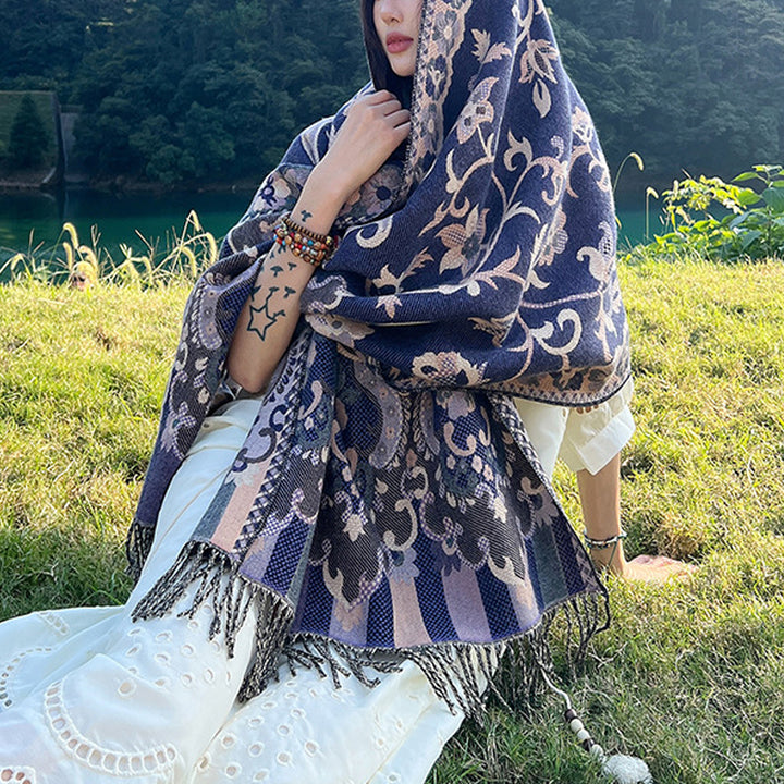 Buddha Stones Tibetan Flowers Leaves Branch Design Tassel Shawl Cozy Travel Scarf Wrap - Navy Blue - image 31