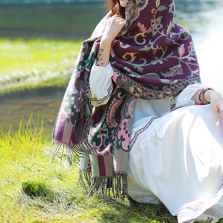 Buddha Stones Tibetan Flowers Leaves Branch Design Tassel Shawl Cozy Travel Scarf Wrap - image 14