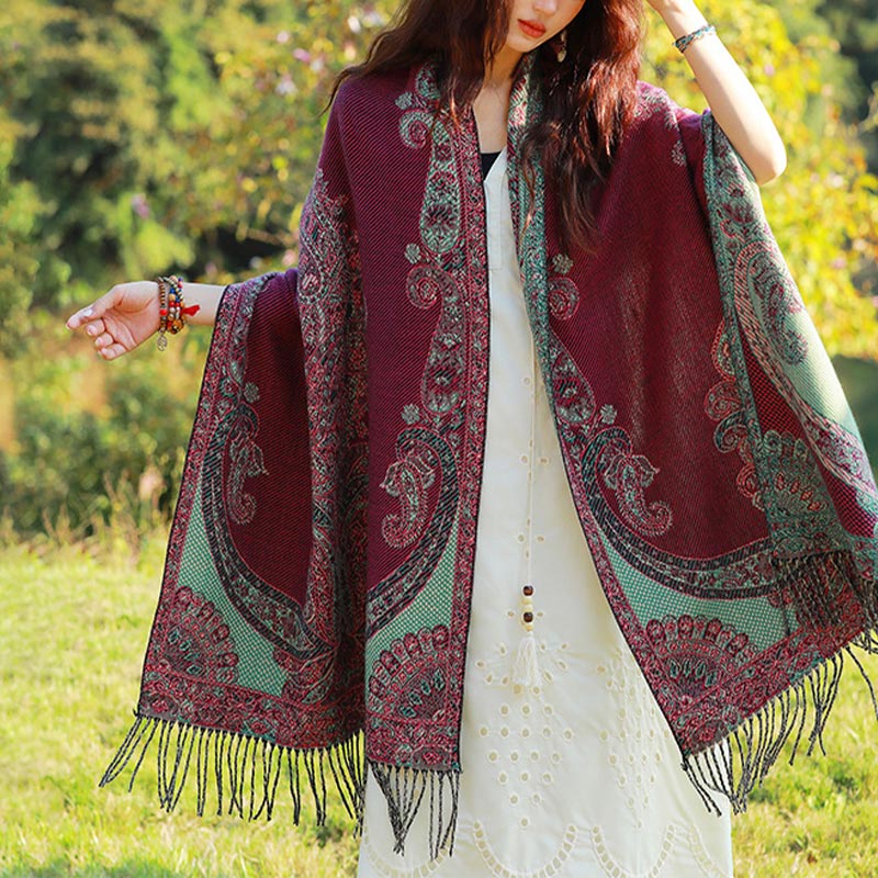 Buddha Stones Tibetan Vine Leaves Pattern Design Shawl Cozy Travel Scarf Wrap - Red Green - image 13