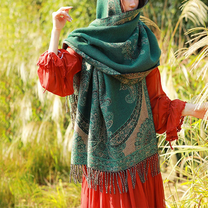 Buddha Stones Tibetan Vine Leaves Pattern Design Shawl Cozy Travel Scarf Wrap - Dark Green - image 31