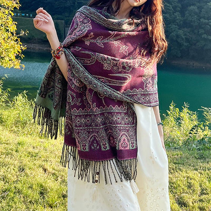 Buddha Stones Vintage Tibetan Leaves Pattern Design Shawl Cozy Travel Scarf Wrap - Purple - image 0