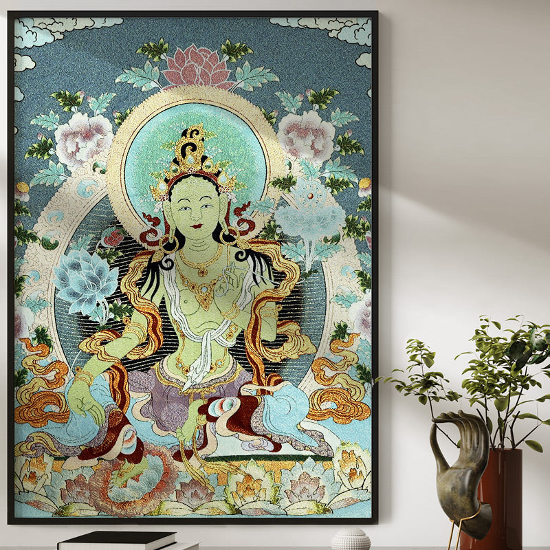 Buddha Stones Tibetan Embroidery White Tara Thangka Tapestry Wall Hanging Wall Art Meditation for Home Decor