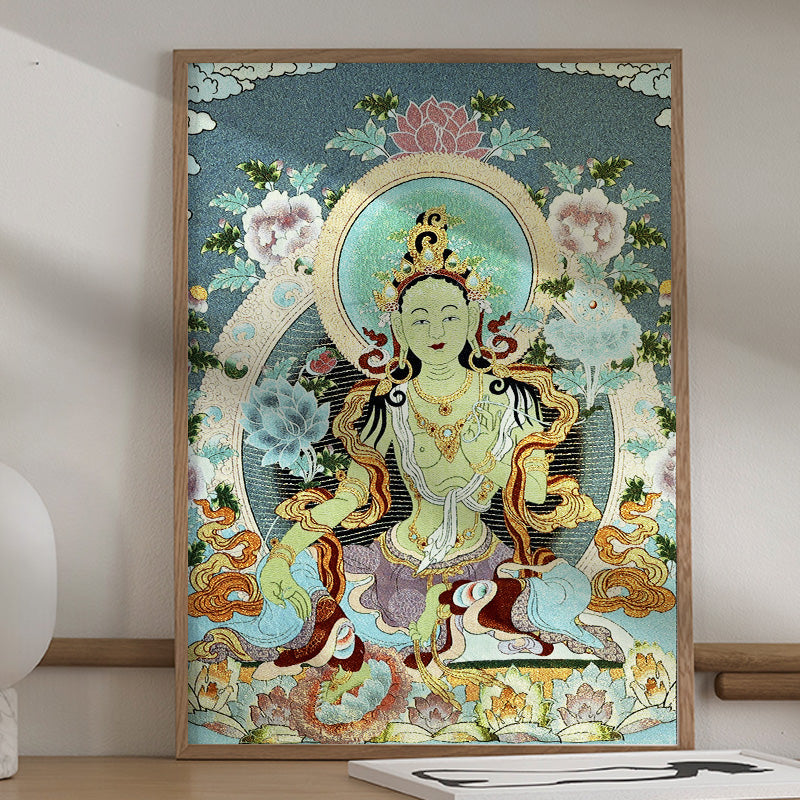 Buddha Stones Tibetan Embroidery White Tara Thangka Tapestry Wall Hanging Wall Art Meditation for Home Decor