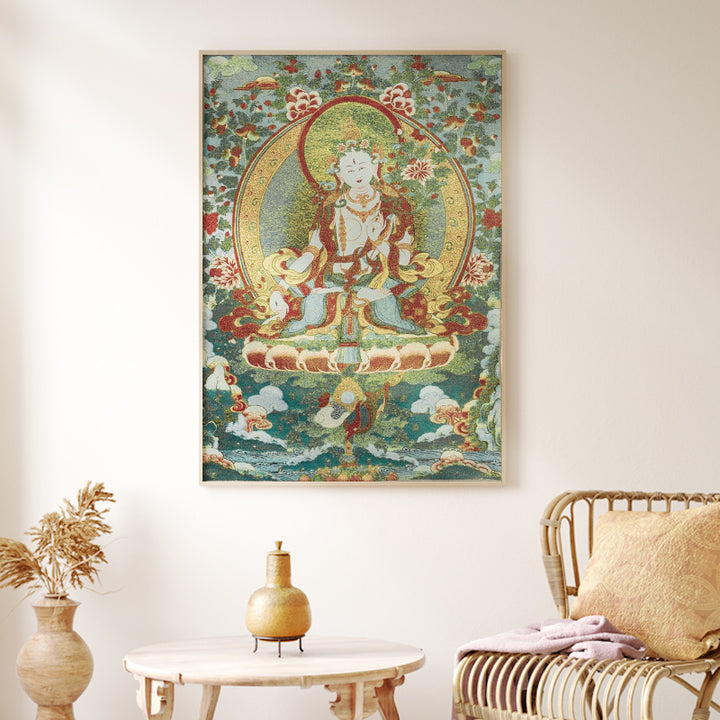 Buddha Stones Tibetan Embroidery White Tara Thangka Tapestry Wall Hanging Wall Art Meditation for Home Decor