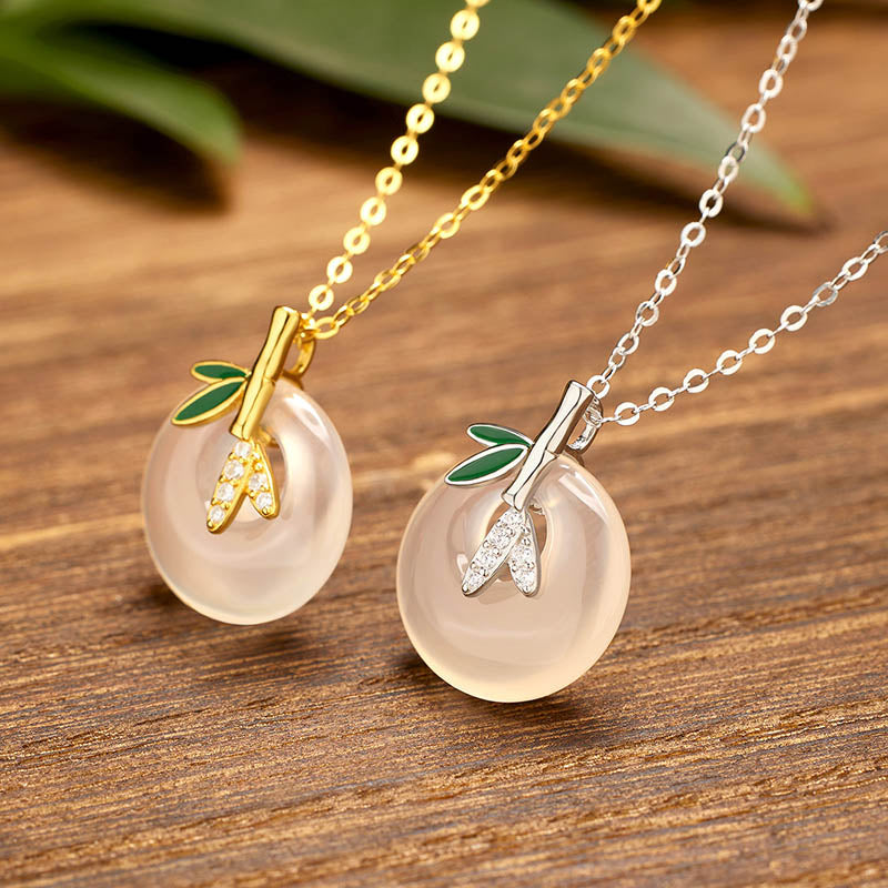 Buddha Stones 925 Sterling Silver Natural Chalcedony Bamboo Leaf Peace Buckle Positive Necklace Pendant - image 1