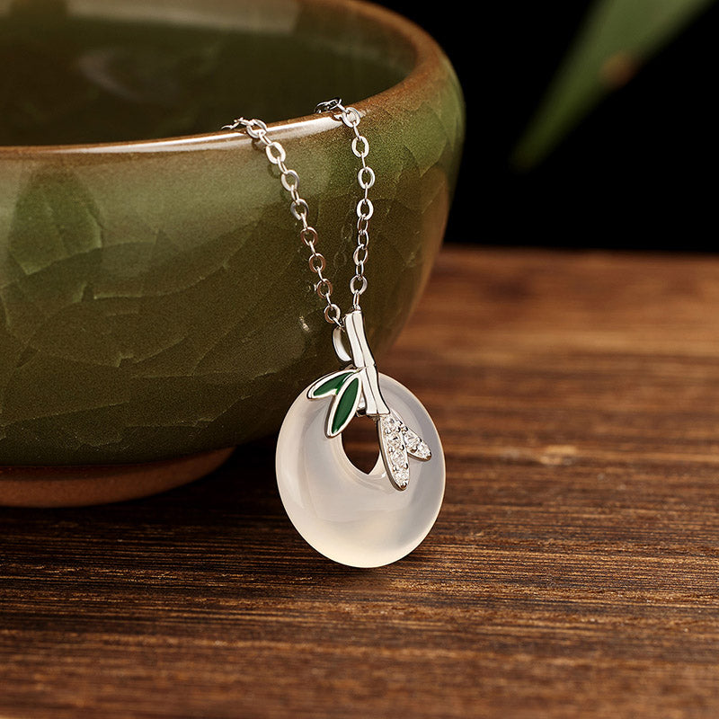 Buddha Stones 925 Sterling Silver Natural Chalcedony Bamboo Leaf Peace Buckle Positive Necklace Pendant - Silver Bamboo Chalcedony - image 5