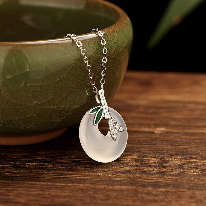 Buddha Stones 925 Sterling Silver Natural Chalcedony Bamboo Leaf Peace Buckle Positive Necklace Pendant - Silver Bamboo Chalcedony - image 5