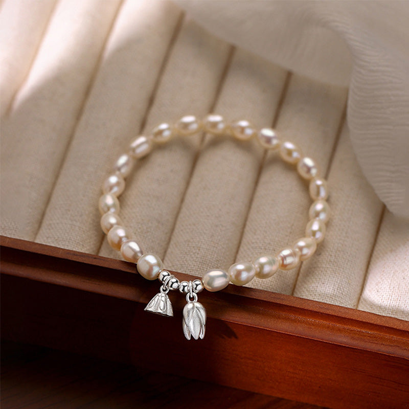 Buddha Stones 999 Sterling Silver Lotus Flower Pod Natural Pearl Healing Bracelet - image 2