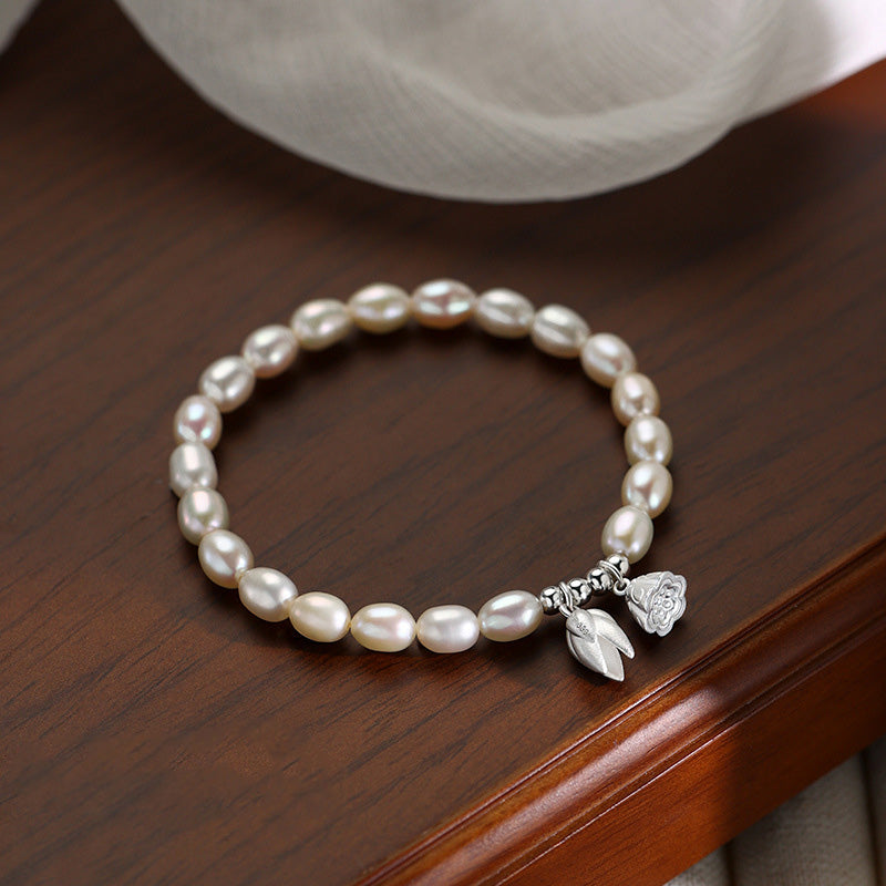 Buddha Stones 999 Sterling Silver Lotus Flower Pod Natural Pearl Healing Bracelet - 14-16cm - image 0