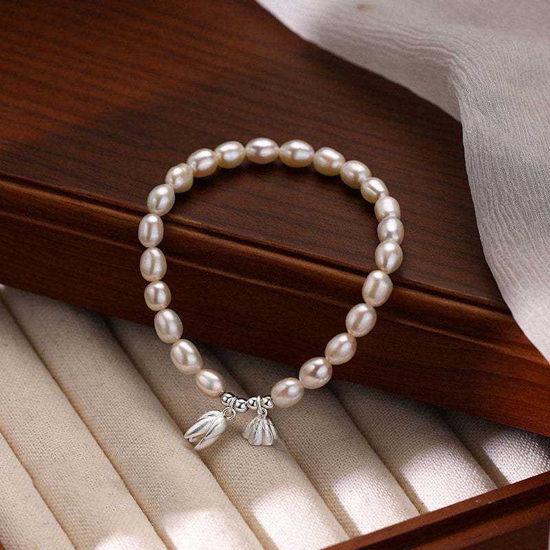 Buddha Stones 999 Sterling Silver Lotus Flower Pod Natural Pearl Healing Bracelet - image 1