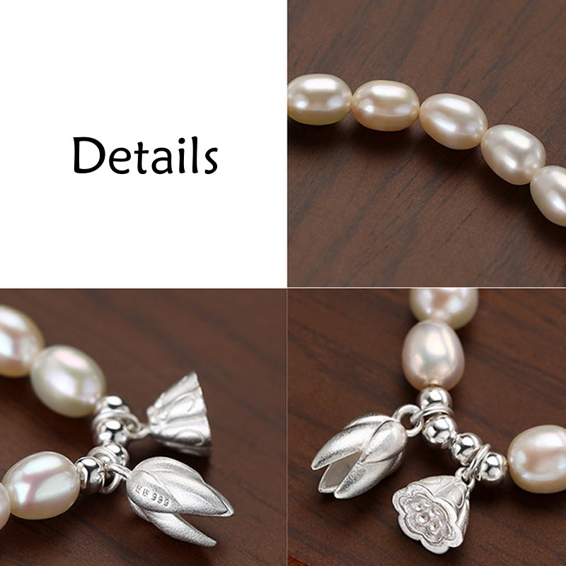 Buddha Stones 999 Sterling Silver Lotus Flower Pod Natural Pearl Healing Bracelet - image 7