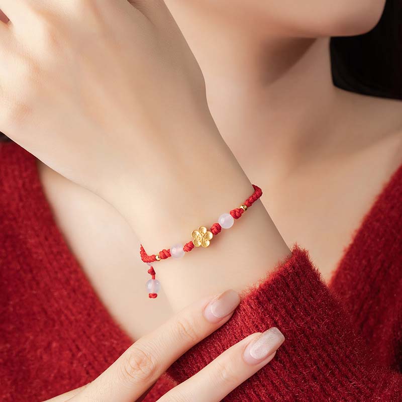 Buddha Stones Handmade 925 Sterling Silver Peach Blossom Cherry Sakura Chalcedony Bead Luck Red Rope Bracelet - image 7