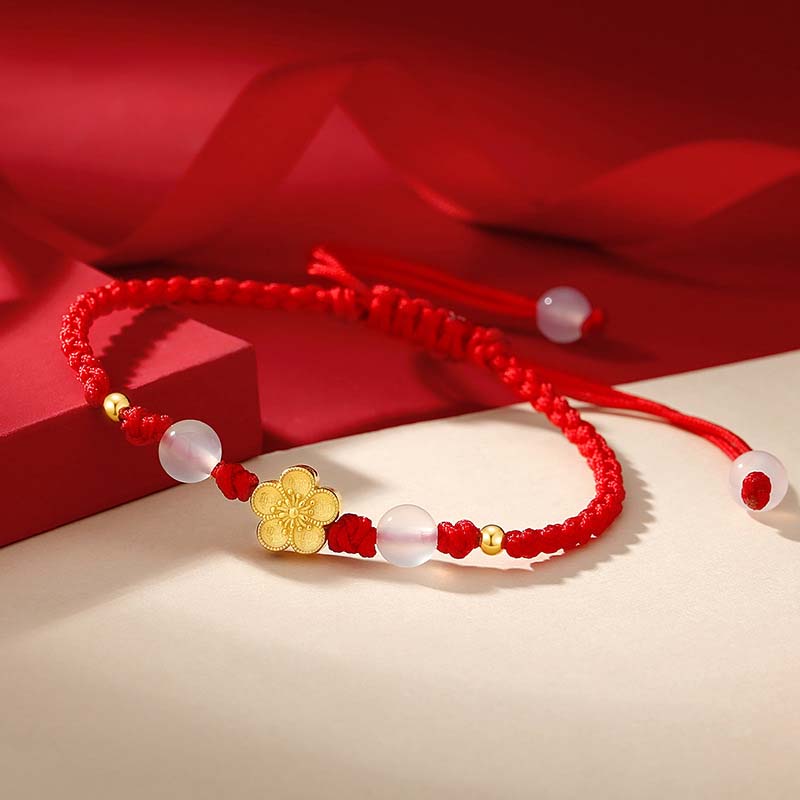Buddha Stones Handmade 925 Sterling Silver Peach Blossom Cherry Sakura Chalcedony Bead Luck Red Rope Bracelet - image 1