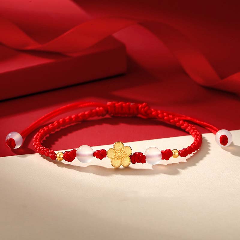 Buddha Stones Handmade 925 Sterling Silver Peach Blossom Cherry Sakura Chalcedony Bead Luck Red Rope Bracelet - 14-21cm - image 0