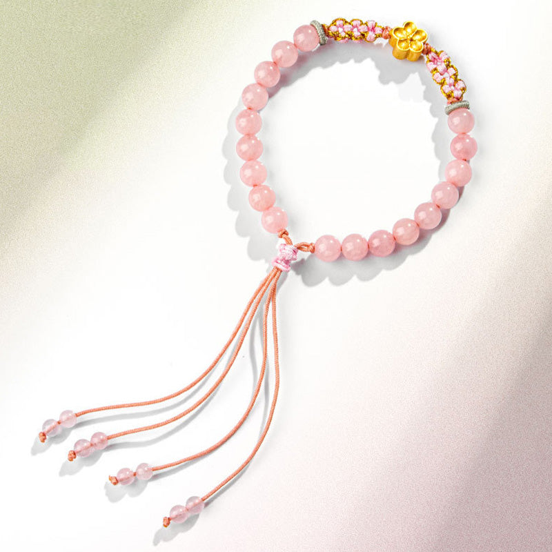 Buddha Stones 999 Sterling Silver Natural Red Agate Pink Crystal Cherry blossom Bracelet - image 4