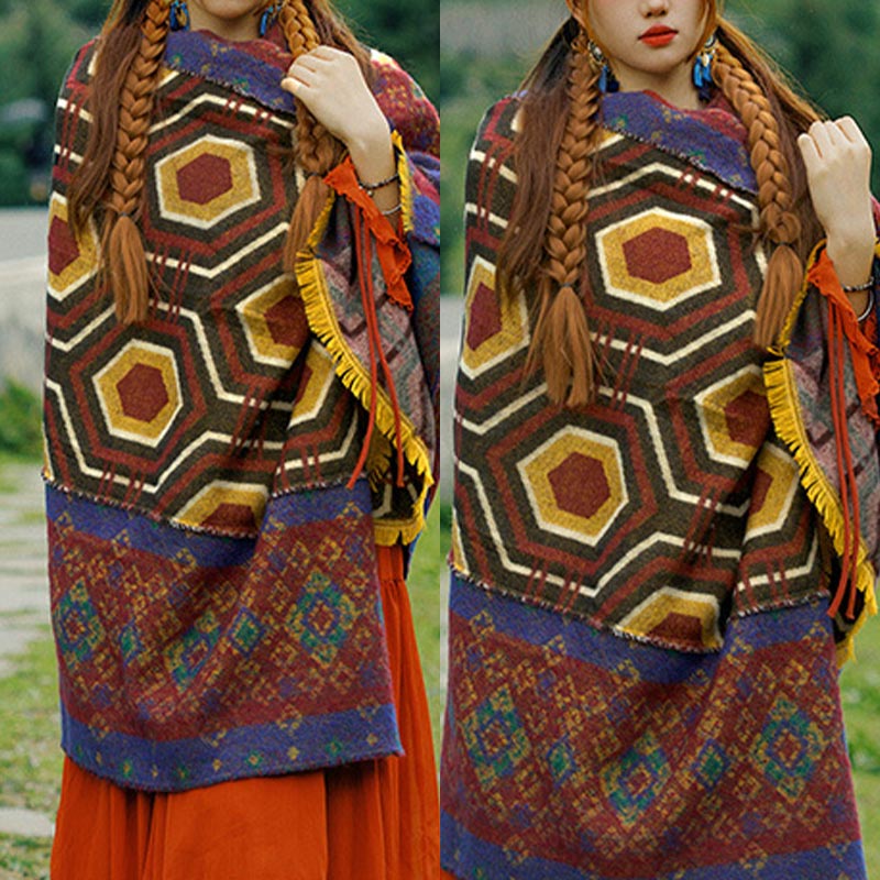 Buddha Stones Tibetan Shawl Brown Blue Red Geometric Shapes Pattern Winter Cozy Travel Scarf Wrap - image 13
