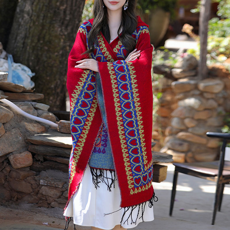 Buddha Stones Tibetan Shawl Red Love Heart Tassel Hooded Cloak Winter Cozy Travel Scarf Wrap - image 3