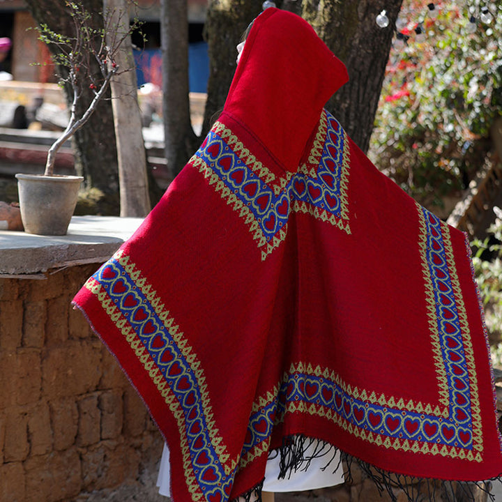 Buddha Stones Tibetan Shawl Red Love Heart Tassel Hooded Cloak Winter Cozy Travel Scarf Wrap - image 6