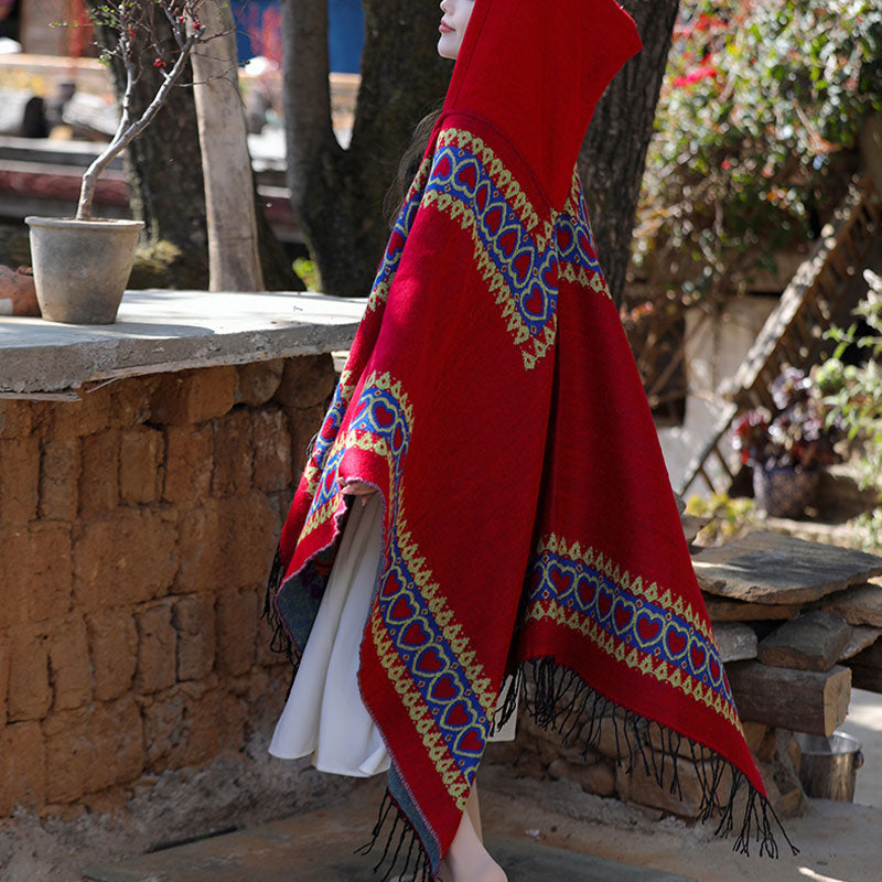 Buddha Stones Tibetan Shawl Red Love Heart Tassel Hooded Cloak Winter Cozy Travel Scarf Wrap - image 10