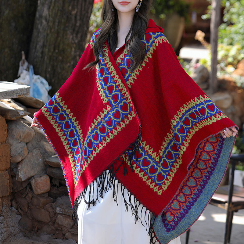 Buddha Stones Tibetan Shawl Red Love Heart Tassel Hooded Cloak Winter Cozy Travel Scarf Wrap - image 9