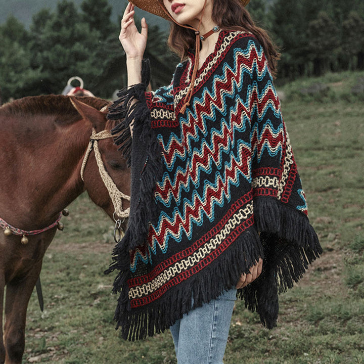 Buddha Stones Tibetan Shawl Striped Knitted Tassels Pullover Winter Cozy Travel Scarf Wrap - image 1