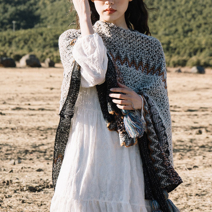 Buddha Stones Tibetan Shawl Gray Brown Striped Knitted Tassels Winter Cozy Travel Scarf Wrap - image 1