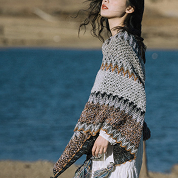 Buddha Stones Tibetan Shawl Gray Brown Striped Knitted Tassels Winter Cozy Travel Scarf Wrap - image 17