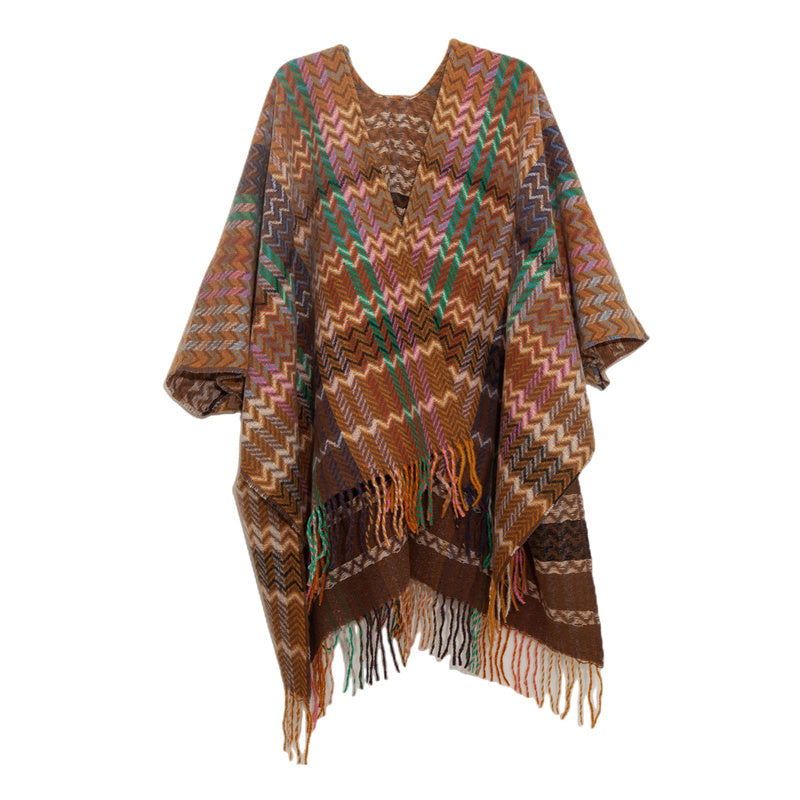 Buddha Stones Tibetan Shawl Colorful Wavy Line Tassels Winter Cozy Travel Scarf Wrap - Brown Colorful 155*130cm - image 25