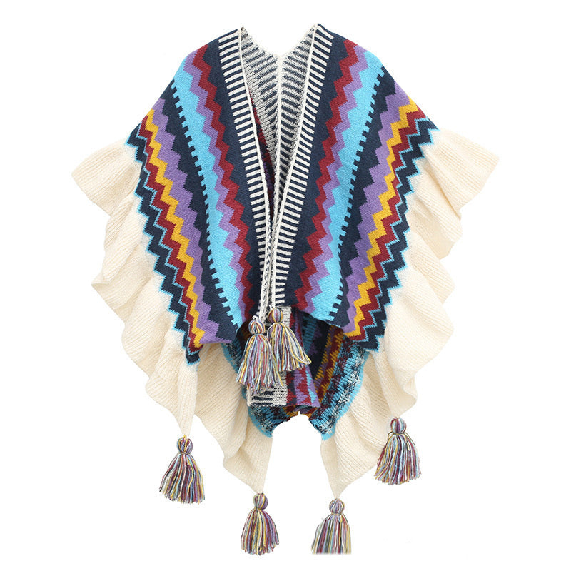 Buddha Stones Tibetan Shawl Colorful Striped Wavy Line Tassels Winter Cozy Travel Scarf Wrap - Beige Blue Purple 85*135cm - image 1