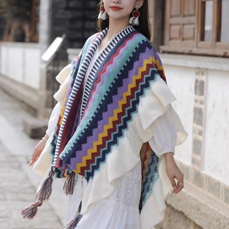 Buddha Stones Tibetan Shawl Colorful Striped Wavy Line Tassels Winter Cozy Travel Scarf Wrap - image 6