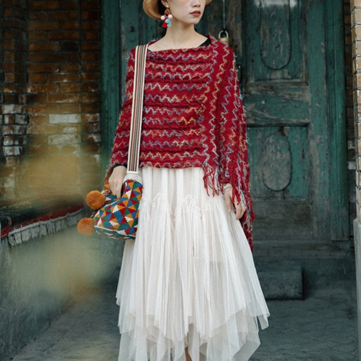 Buddha Stones Tibetan Colorful Striped Shawl Tassels Pullover Winter Cozy Travel Scarf Wrap - Red 85*75cm - image 0