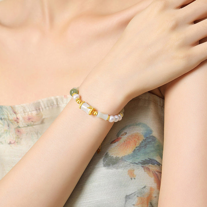 Buddha Stones 925 Sterling Silver Natural Hetian White Jade Bamboo Luck Blessing Bracelet - image 7