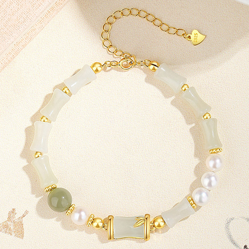 Buddha Stones 925 Sterling Silver Natural Hetian White Jade Bamboo Luck Blessing Bracelet - image 3