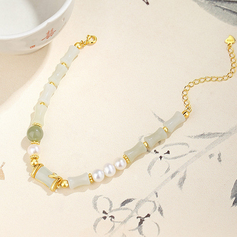 Buddha Stones 925 Sterling Silver Natural Hetian White Jade Bamboo Luck Blessing Bracelet - image 4