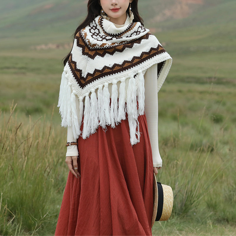 Buddha Stones Tibetan Triangular Shawl Striped Tassels Winter Cozy Travel Scarf Wrap - Beige 200cm*75cm - image 0