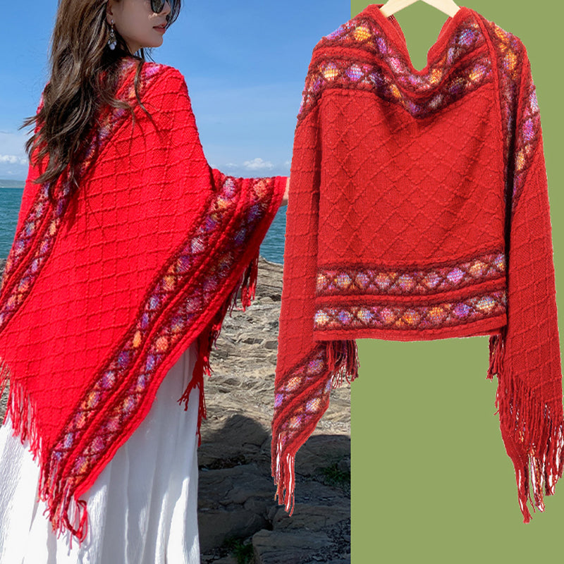 Buddha Stones Tibetan Colorful Striped Rhombus Pattern Shawl Tassels Pullover Winter Cozy Travel Scarf Wrap - Red 150cm*55cm - image 12