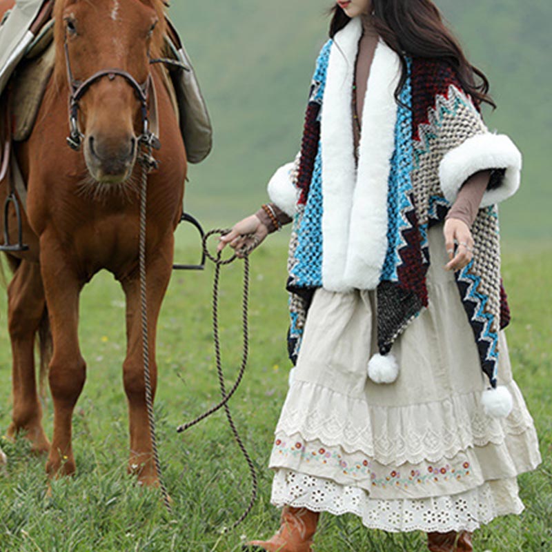 Buddha Stones Tibetan Multicolored Wavy Lines Knitted Striped Shawl Coat Winter Cozy Travel Scarf Wrap - image 15