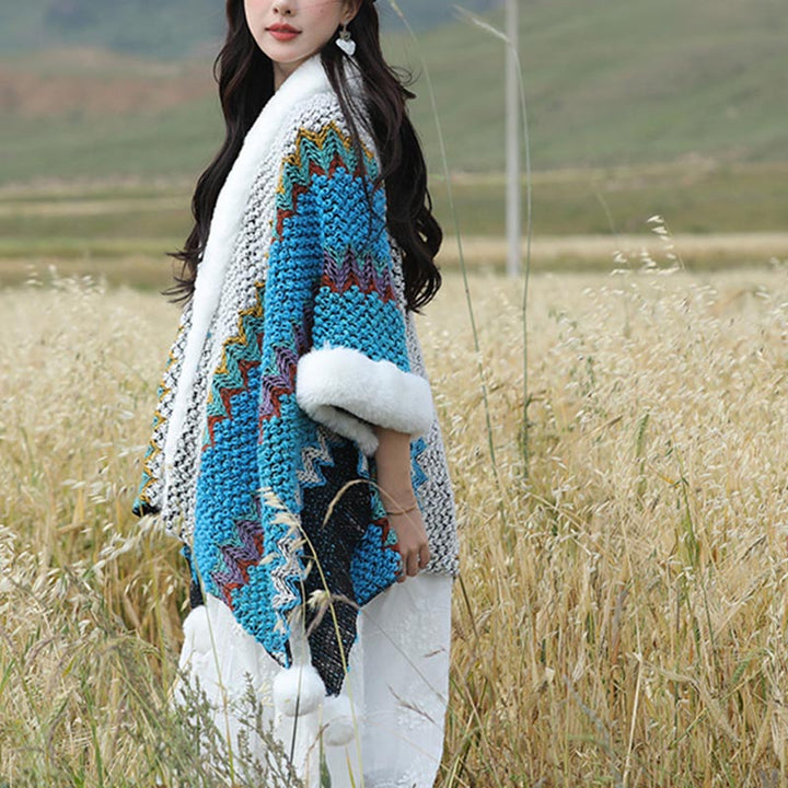 Buddha Stones Tibetan Multicolored Wavy Lines Knitted Striped Shawl Coat Winter Cozy Travel Scarf Wrap - image 10