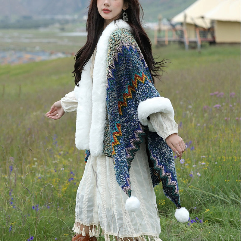 Buddha Stones Tibetan Multicolored Wavy Lines Knitted Striped Shawl Coat Winter Cozy Travel Scarf Wrap - image 2