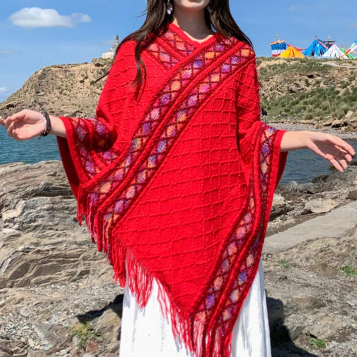 Buddha Stones Tibetan Colorful Striped Rhombus Pattern Shawl Tassels Pullover Winter Cozy Travel Scarf Wrap - image 13