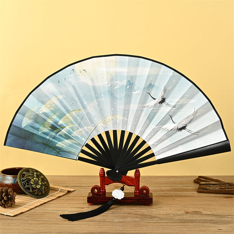 Buddha Stones Dragon Phoenix Tiger Crane Eagle Wolf Koi Fish Handheld Folding Fan Lotus Tassel Fan