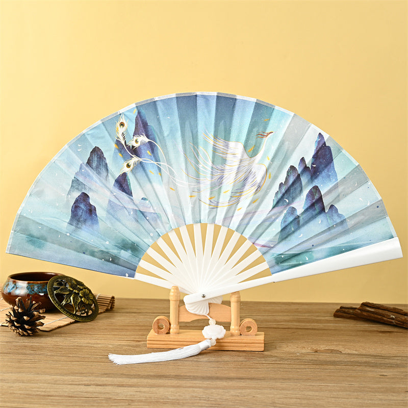 Buddha Stones Dragon Phoenix Tiger Crane Eagle Wolf Koi Fish Handheld Folding Fan Lotus Tassel Fan