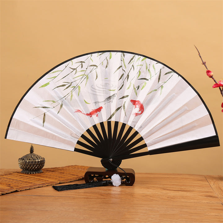 Buddha Stones Dragon Phoenix Tiger Crane Eagle Wolf Koi Fish Handheld Folding Fan Lotus Tassel Fan